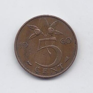 NYDERLANDAI 5 CENTS 1960 KM # 181 VF