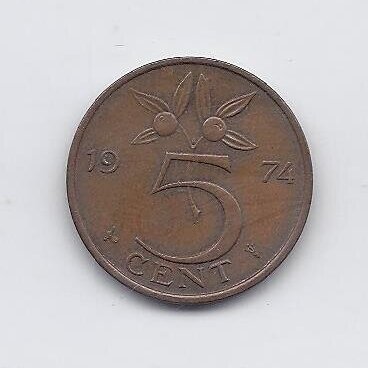 NETHERLANDS 5 CENTS 1974 KM # 181 VF