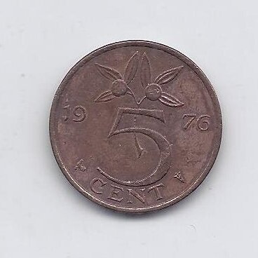 NYDERLANDAI 5 CENTS 1976 KM # 181 VF