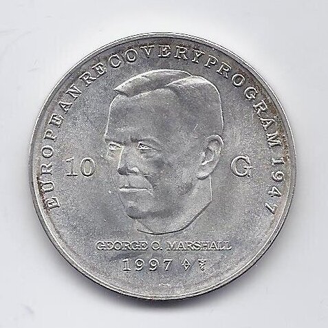 NYDERLANDAI 10 GULDEN 1997 KM # 224 AU Maršalo planas