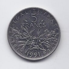 PRANCŪZIJA 5 FRANCS 1991 KM # 926a.1 VF/XF