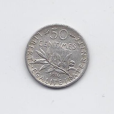 FRANCE  50 CENTIMES 1916 KM # 854 VF
