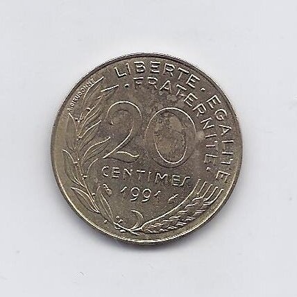 PRANCŪZIJA 20 CENTIMES 1991 KM # 930 XF