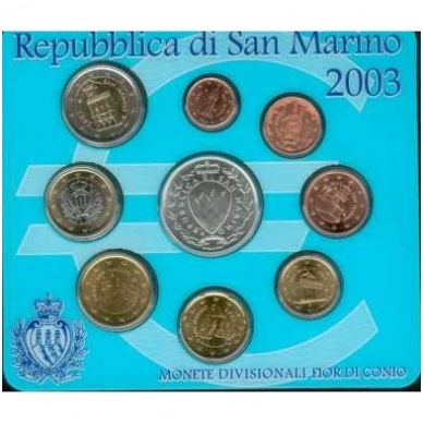 SAN MARINAS 2003 m. euro monetų rinkinys su 5 eurų sidabrine moneta 1