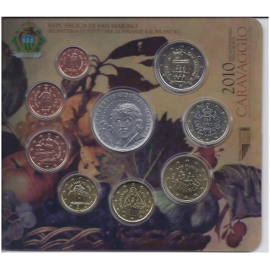 San Marinas 2010 m. euro monetų rinkinys su 5 eurų sidabrine Michelangelo Caravaggio moneta 1
