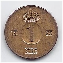 SWEDEN 1 ORE 1963 KM # 820 VF