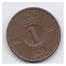 SWEDEN 1 ORE 1954 KM # 820 VF SWEDEN 1 ORE 1954 KM # 820 VF