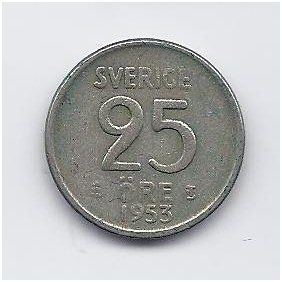 SWEDEN 25 ORE 1953 KM # 824 VF
