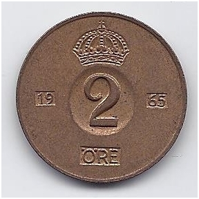 SWEDEN 2 ORE 1965 KM # 821 VF
