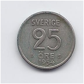 SWEDEN 25 ORE 1954 KM # 824 VF