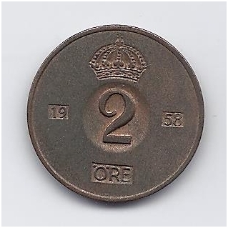 SWEDEN  2 ORE 1958 KM # 821 VF