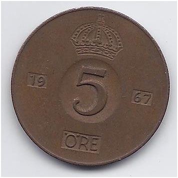 SWEDEN 5 ORE 1967 KM # 822 VF