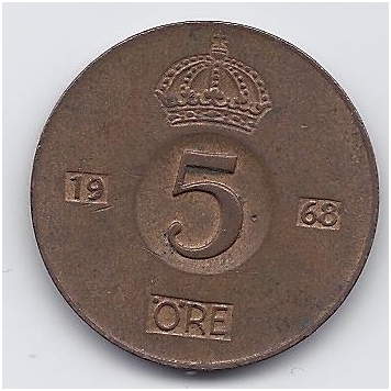 SWEDEN 5 ORE 1968 KM # 822 VF