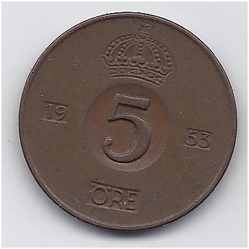 SWEDEN 5 ORE 1953 KM # 822 VF