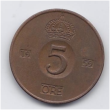 SWEDEN 5 ORE 1959 KM # 822 VF