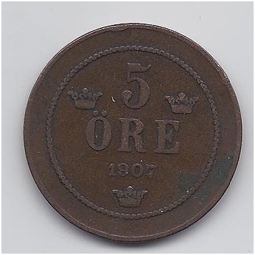 SWEDEN 5 ORE 1907 KM # 770 VF