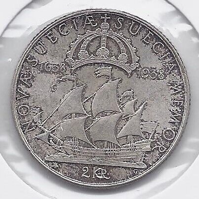 SWEDEN 2 KRONOR 1938 KM # 807 VF/XF Settlement of New Sweden