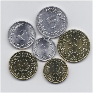 TUNISIA 1969 - 2007 SIX HIGH GRADE COINS SET