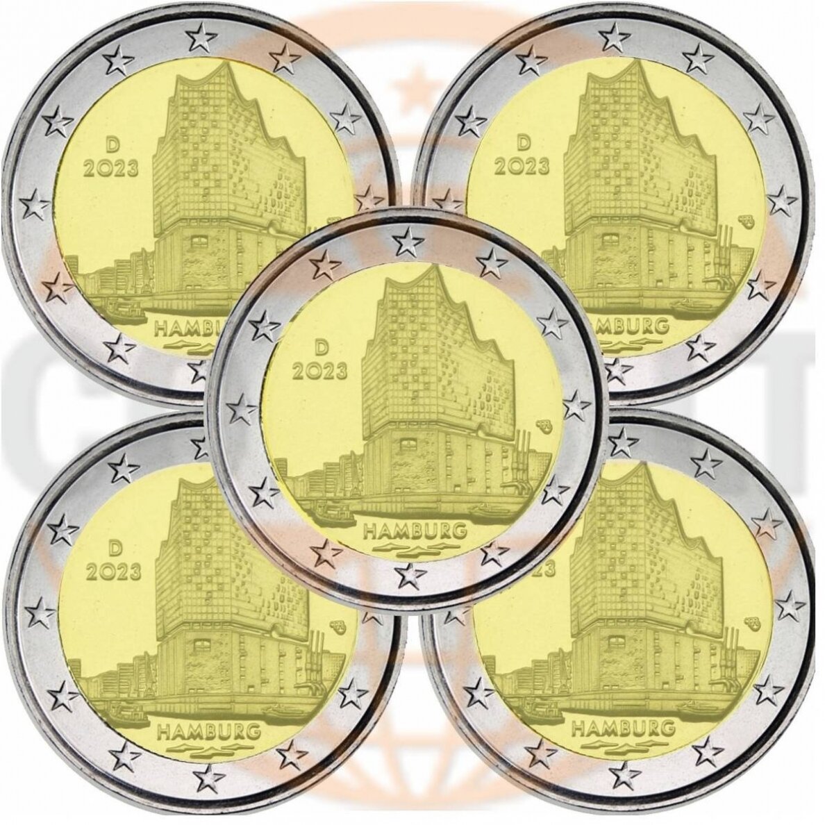 GERMANY 2 EURO 2023 HAMBURG - ELBE PHILHARMONIC 5 COINS SET (A,D,F,J,G)