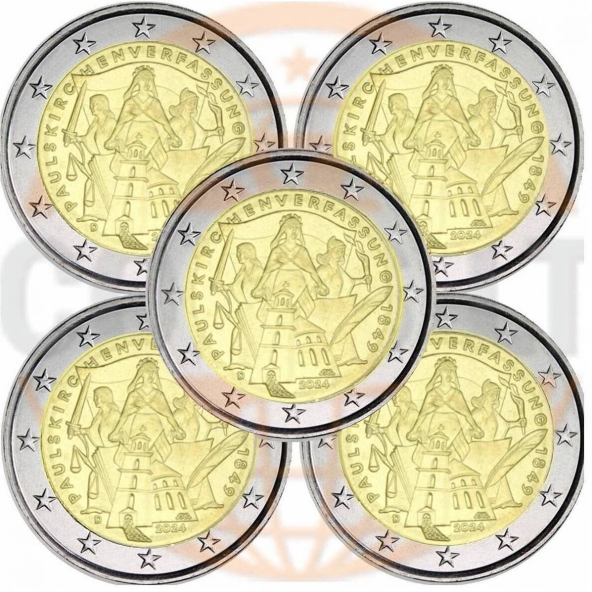 GERMANY 2 EURO 2024 CONSTITUTION 5 COINS SET (A,D,F,J,G)