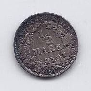 VOKIETIJA 1/2 MARK 1917 A KM # 17 VF