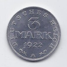 VOKIETIJA 3 MARK 1922 A KM # 29 AU VOKIETIJA 3 MARK 1922 A KM # 29 AU