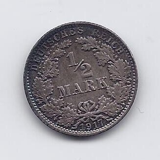 VOKIETIJA 1/2 MARK 1917 A KM # 17 VF