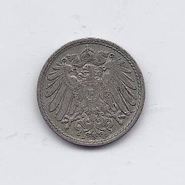 VOKIETIJA 5 PFENNIG 1908 D KM # 11 VF 1