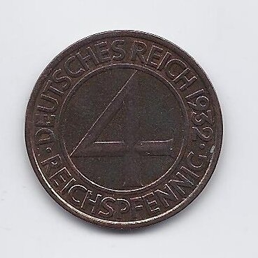 GERMANY 4 REICHSPFENNIG 1932 J KM # 75 VF