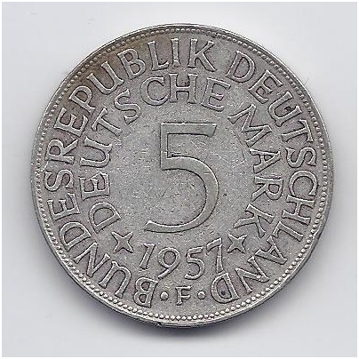 GERMANY 5 MARK 1957 F KM # 112 VF