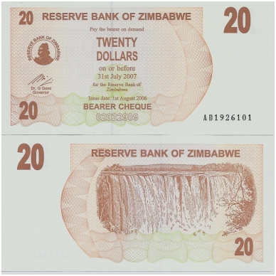 ZIMBABWE 20 DOLLARS 2006 P # 40 UNC