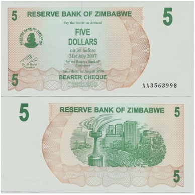 ZIMBABVĖ 5 DOLLARS 2006 P # 38 AU